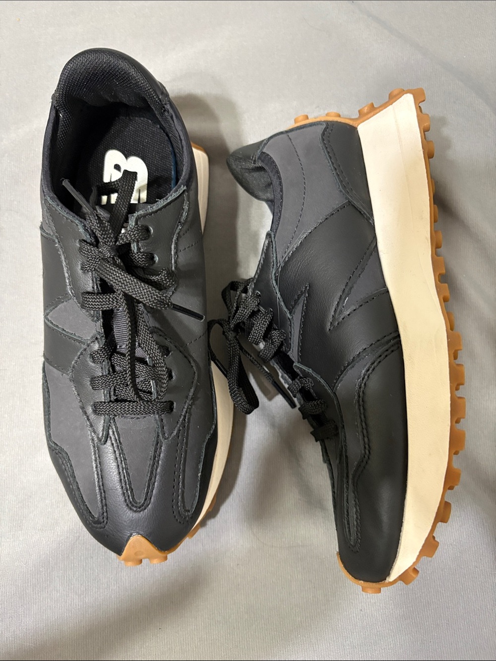 New Balance 327 Black Leather Women Sneakers with Gum Accent